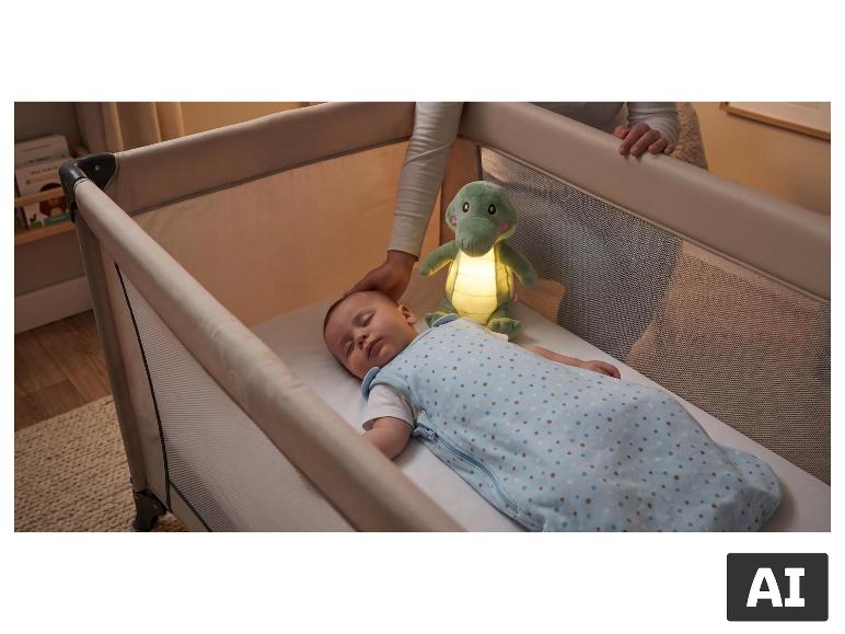 Een baby die rustig slaapt in een LUPILU® reisbedje. [AI-gegenereerde afbeelding]