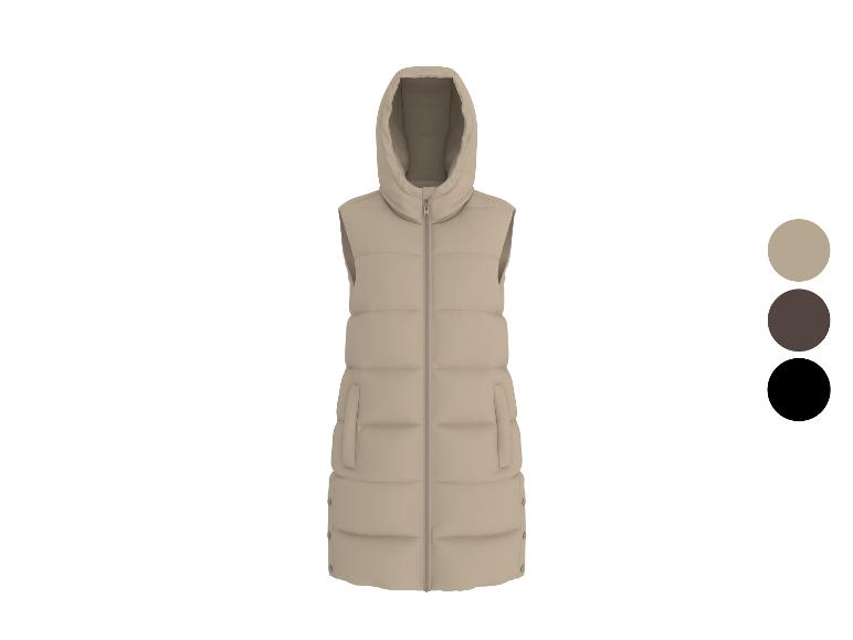 Lange gewatteerde bodywarmer voor dames met capuchon in beige, bruin en zwart