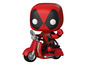 Een rode Funko Pop van Deadpool op een scooter.