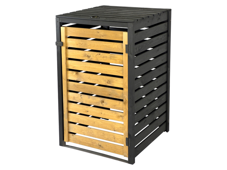 Een houten vuilnisbak met een zwart frame en een houten deur.