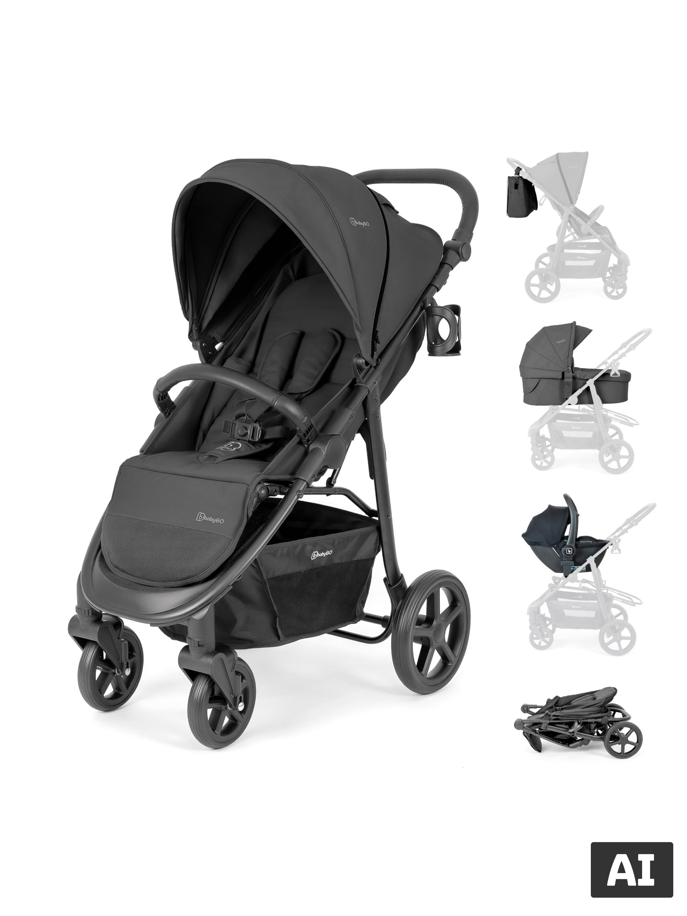 BABYGO Kinderwagen set Evolution 3-in-1, tot 22 kg (Zwart)