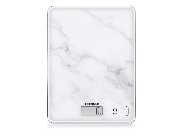 Keukenweegschaal met wit marmerpatroon, digitaal display en aanraakknoppen.