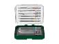 Schroevendraaierbitset in een transparante behuizing en groene houder, met platte, Torx- en Phillips-bits.