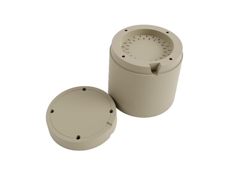 Beige cilindrische behuizing met deksel.