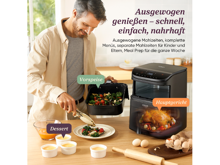 Man bereidt een uitgebalanceerde maaltijd met een airfryer, inclusief voorgerecht, hoofdgerecht en dessert.