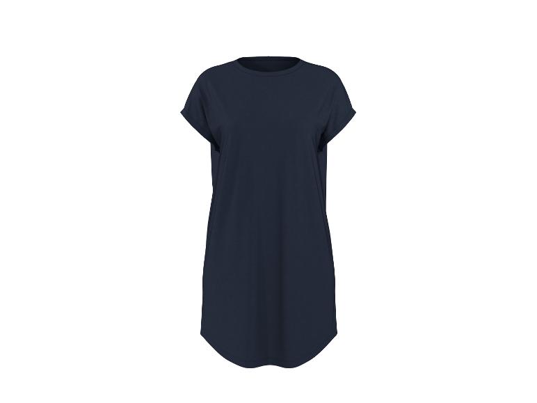 Donkerblauwe T-shirtjurk met korte mouwen en een afgeronde zoom.