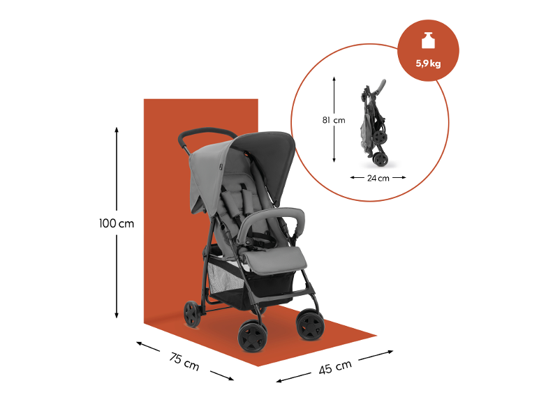 Grijze kinderwagen met afmetingen: 100 cm (H), 75 cm (L), 45 cm (B), en opgevouwen: 81 cm (H), 24 cm (B), weegt 5,9 kg.