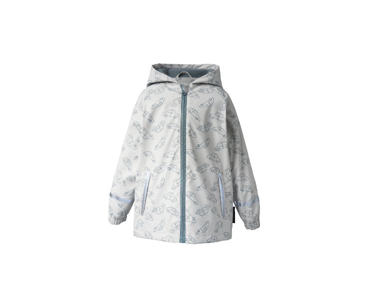Witte kinderregenjas met blauwe auto-opdruk en rits.