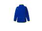 Blauwe fleece trui met neongele details, achteraanzicht.