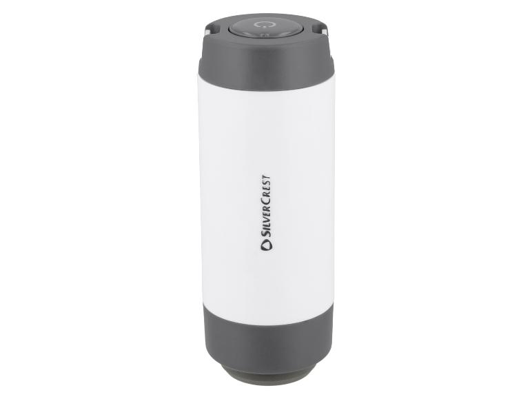 Witte en grijze cilindrische LED-lantaarn met aan/uit-knop bovenaan.