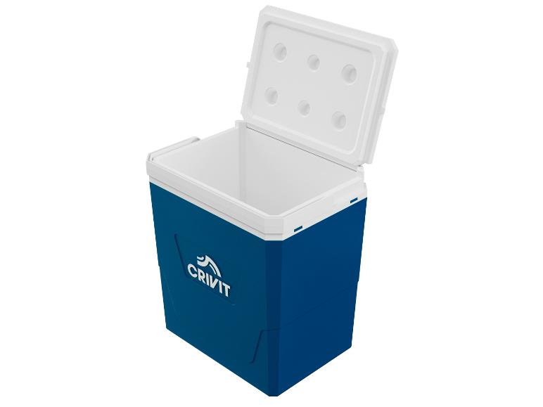 Blauwe Crivit koelbox met witte deksel.