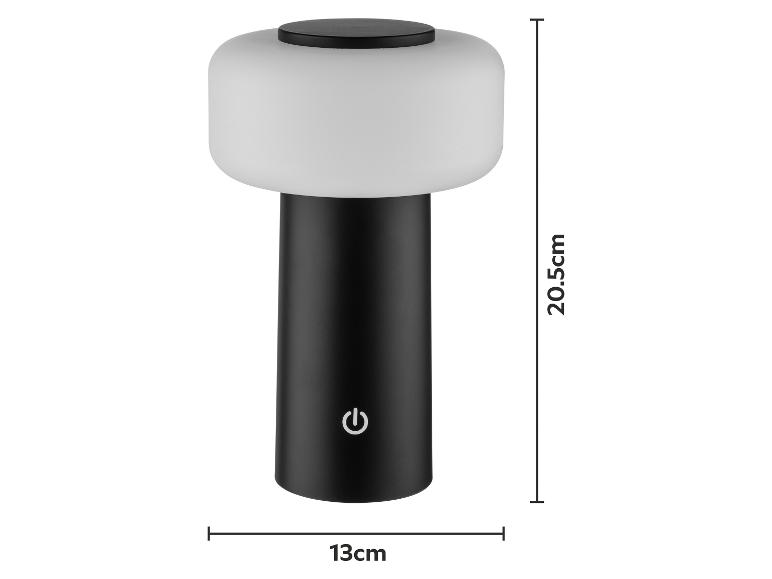 Zwarte tafellamp met witte kap, 20,5 cm hoog en 13 cm breed.