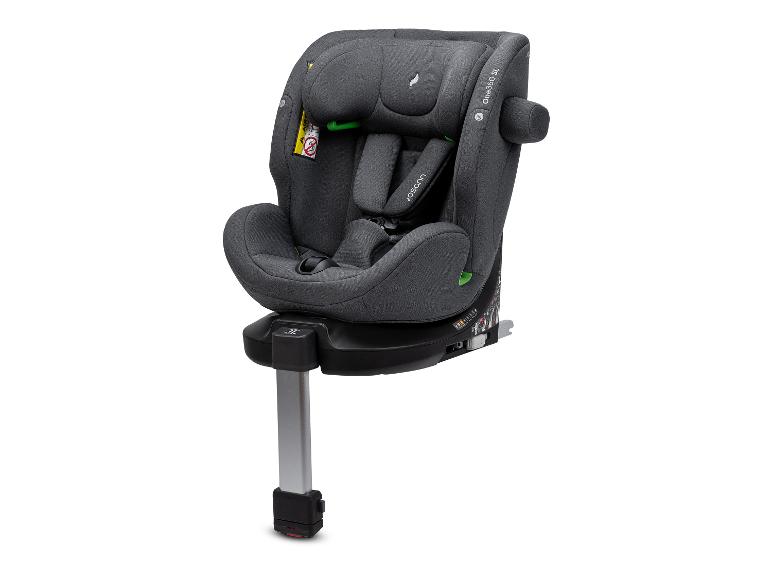 Grijs kinderautostoeltje met draaibare basis en steunpoot.