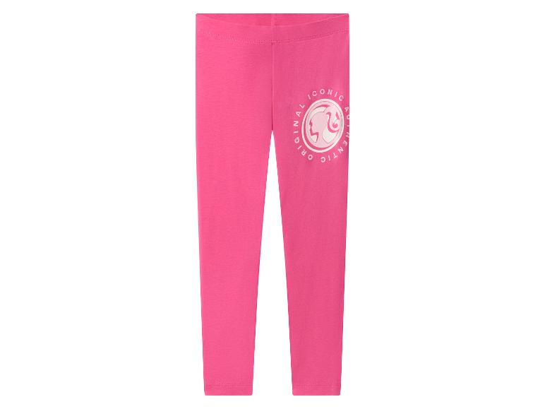 Roze legging met Barbie-logo en de tekst 'ICONIC ORIGINAL AUTHENTIC'.
