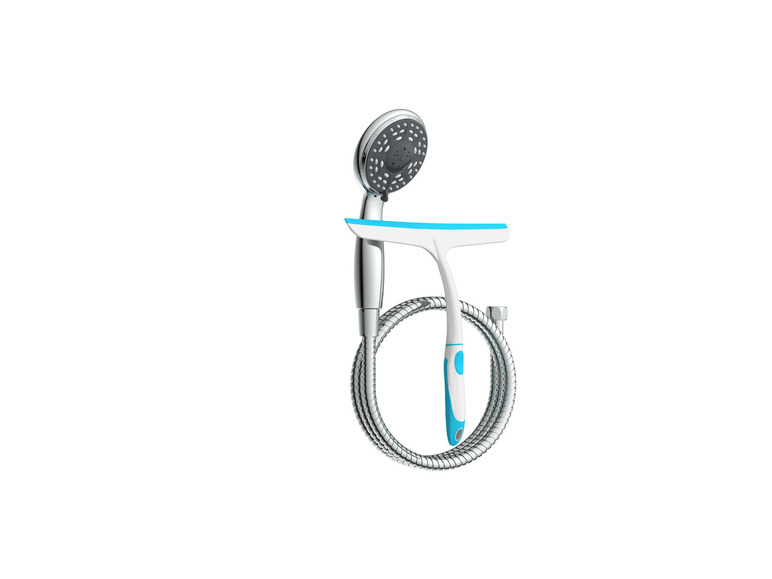 Een douchekop, een douche slang en een ruitenwisser.