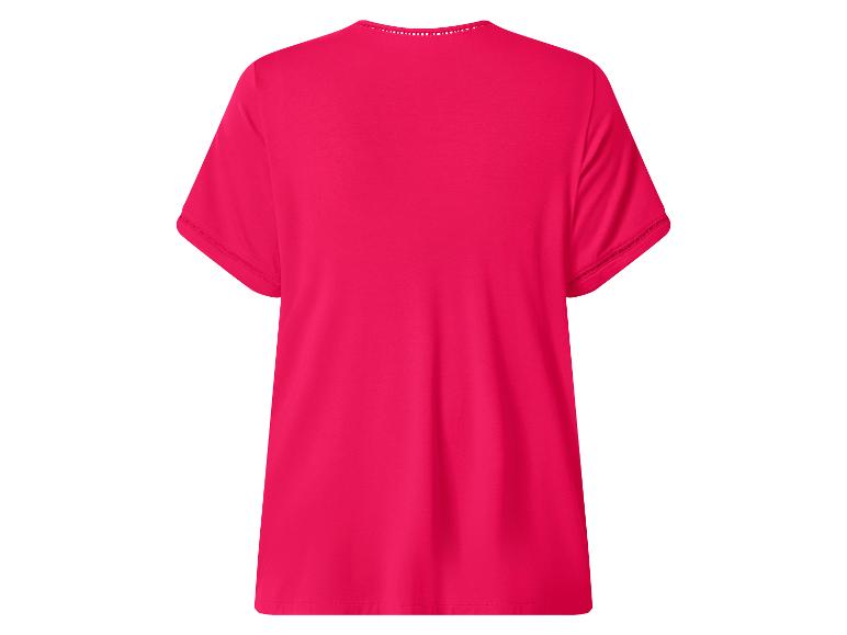 Fuchsia T-shirt met korte mouwen voor dames, met ronde hals en opengewerkte details.