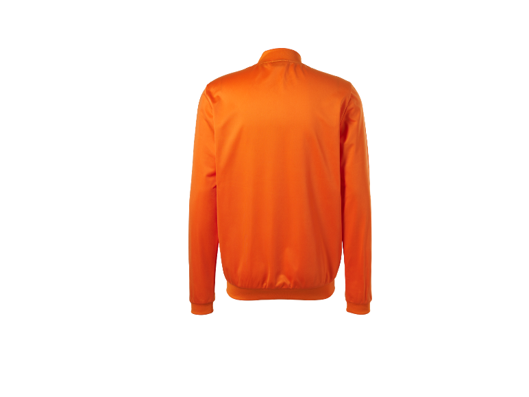Een oranje bomberjack, achterkant.