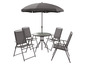 Tuinset met parasol, tafel en vier stoelen.