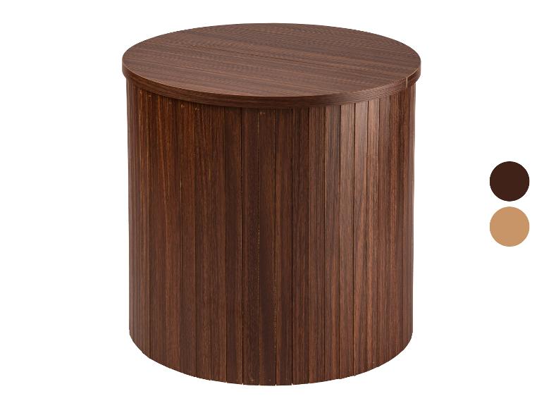 Donkerbruine ronde bijzettafel met verticale latten en een bijpassend blad.