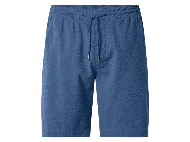 Blauwe herenshort met textuur, elastische tailleband en trekkoord.