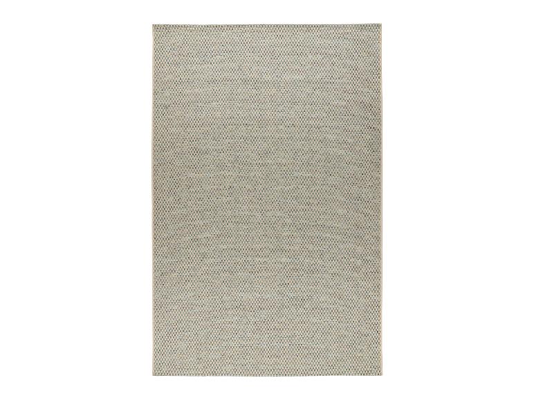 Rechthoekig platgeweven vloerkleed met een subtiel geblokt patroon in beige en blauw.