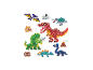 Kleurrijke kralen dinosaurusfiguren en accessoires, inclusief een vulkaan en bot.