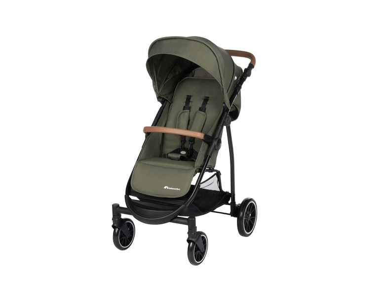 Een groene kinderwagen van het merk Babycomfort.