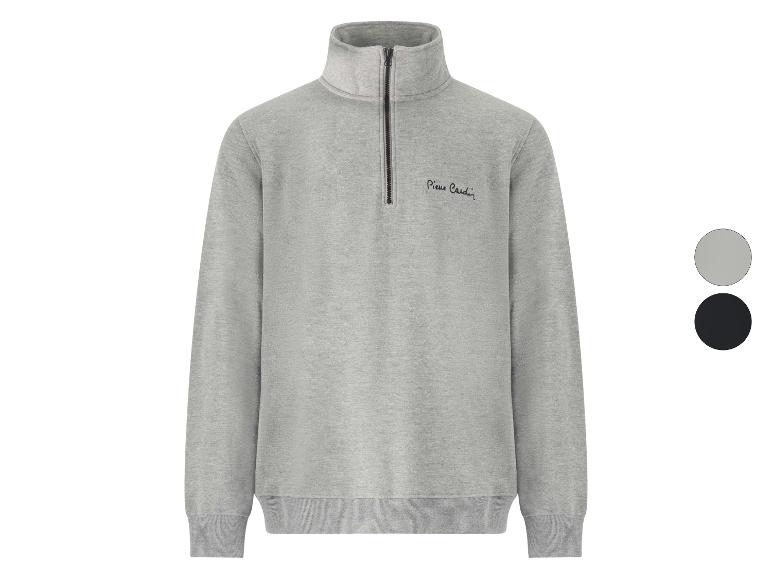 Grijs gemêleerde sweater met opstaande kraag en rits, geborduurd logo, getoond met kleuropties.