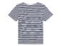 Donkerblauw-wit gestreept T-shirt.