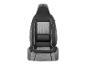 Enkele autostoelhoes in grijs en zwart met witte details.