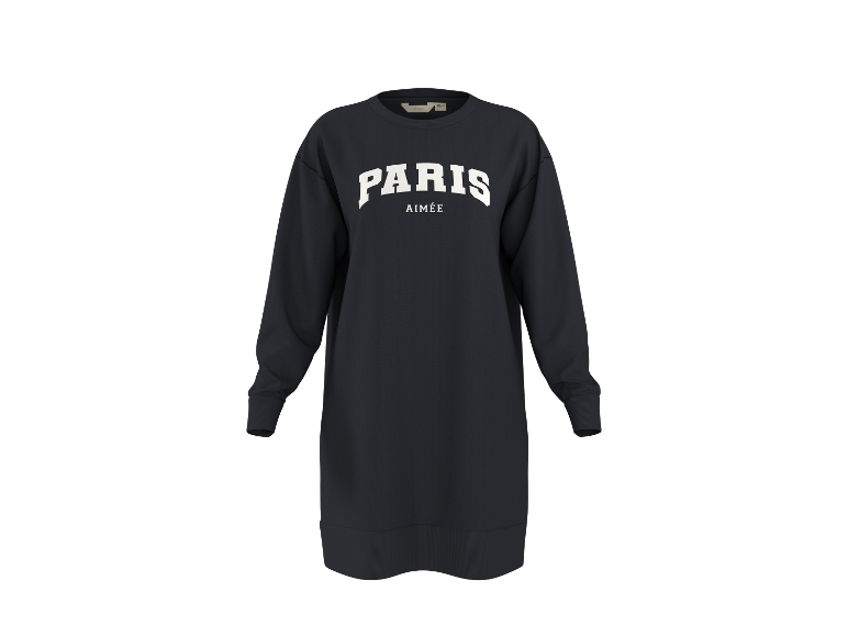 Donkerblauwe jurk met lange mouwen en witte tekst 'PARIS AIMÉE'.