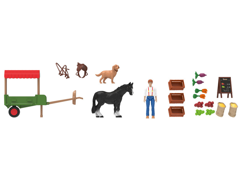 Een speelgoedset met een paard, kar, boer en groenten.