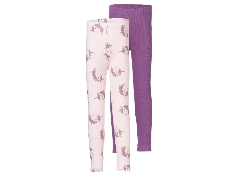 Twee kinderleggings: één roze met eenhoornprint en één effen paars.