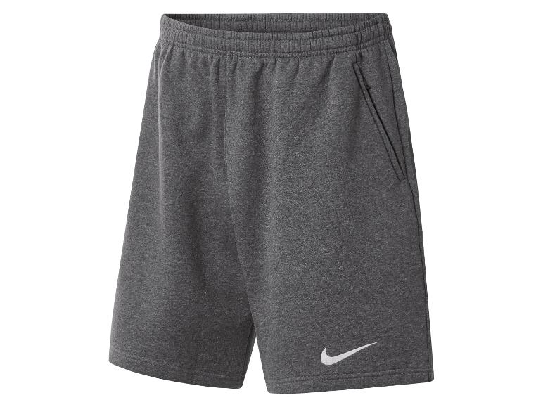Donkergrijze sweatshorts met een elastische tailleband en een wit logo.