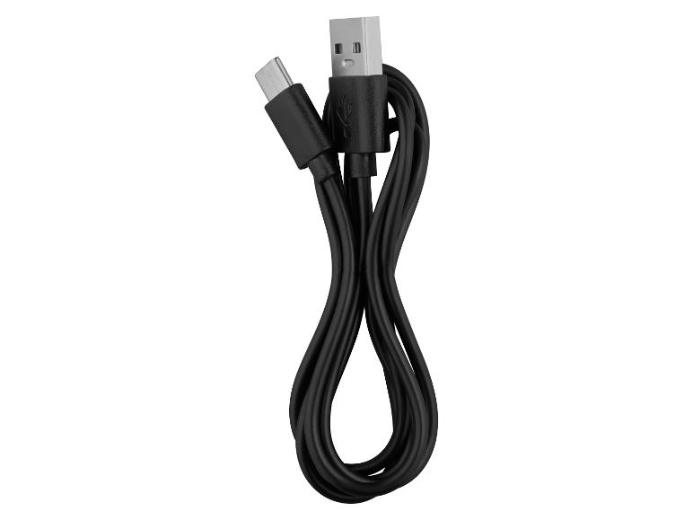 Zwarte USB-C oplaadkabel met USB-A connector, opgerold in een achtvorm.