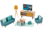 Poppenhuis woonkamerset: bank, fauteuil, tafels, lamp, tv-meubel met televisie.