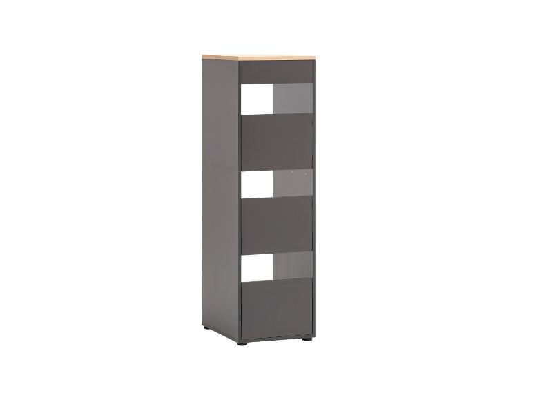 Hoge, smalle grijze plank met licht houten blad en open vakken