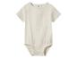 Babyromper met korte mouwen in beige, gemaakt van gekreukelde stof.