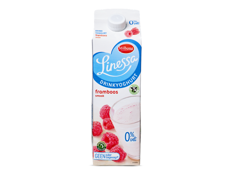 Frambozen drinkyoghurt met 0% vet en geen toegevoegde suikers.