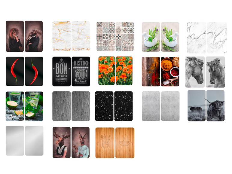 Keukenachterwanden met marmer, hout, dieren en food designs.