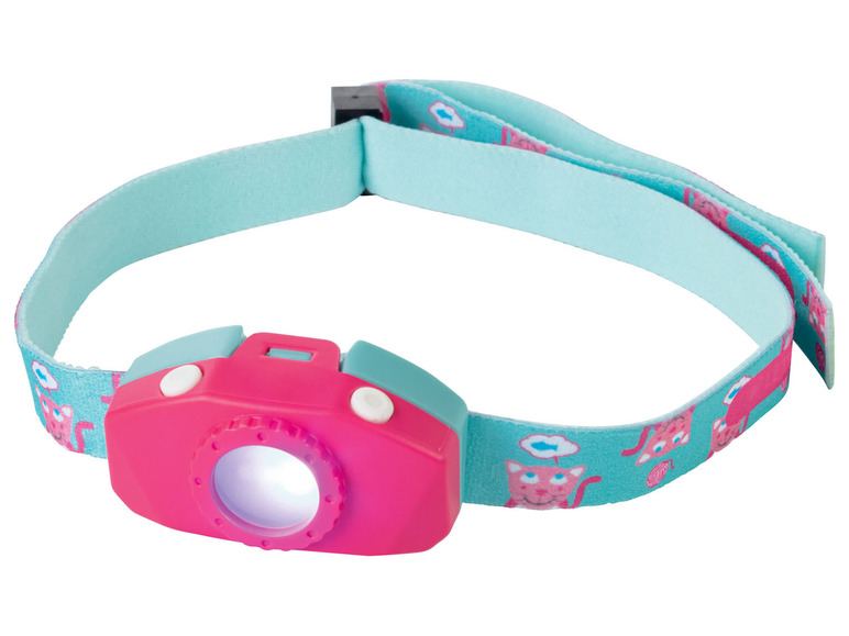 Een roze hoofdlamp met een kattenprint.