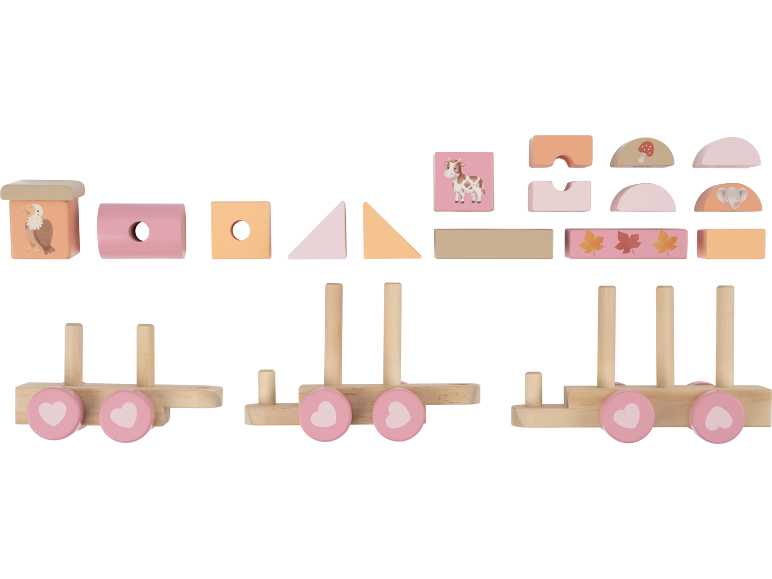 Houten treinset met dieren- en bladerenmotieven, in roze en oranje tinten.