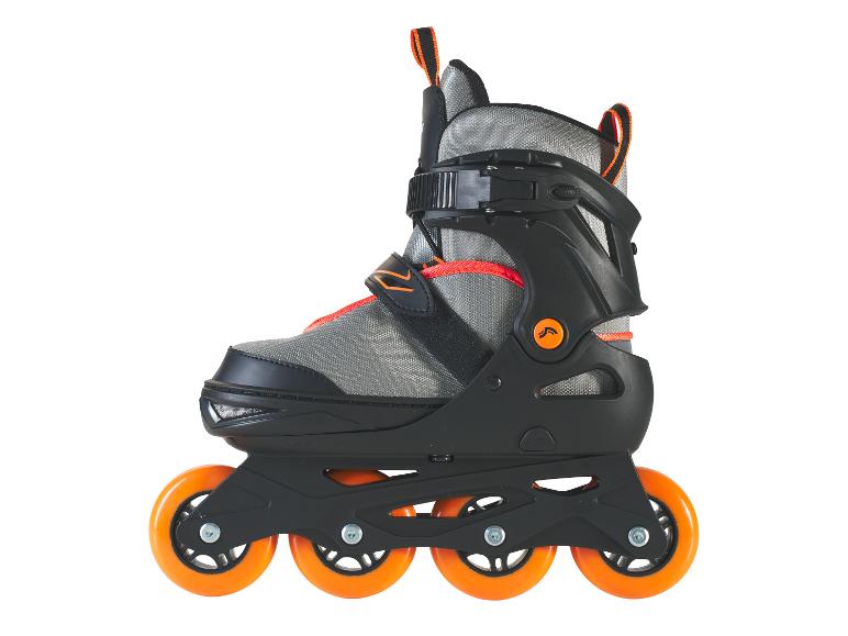 Zwart-grijze inline skates met oranje wielen en details.
