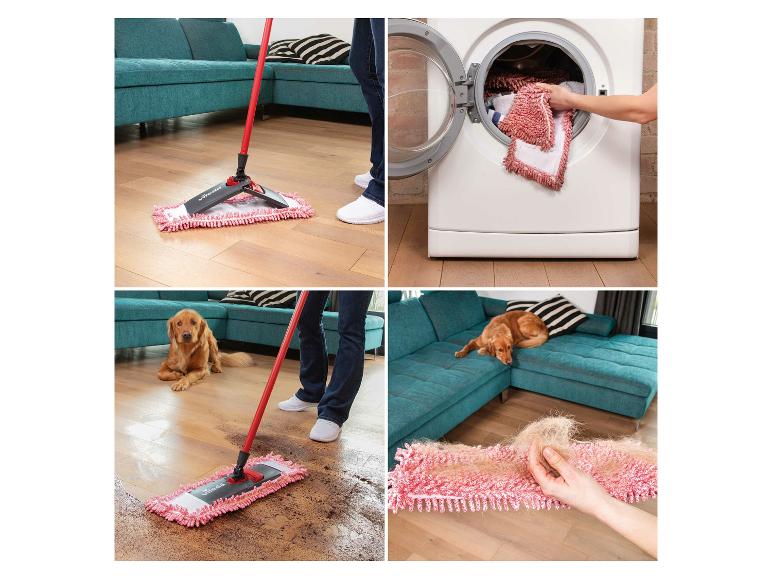 Een Vileda dweil die de vloer schoonmaakt, met een hond en een wasmachine.