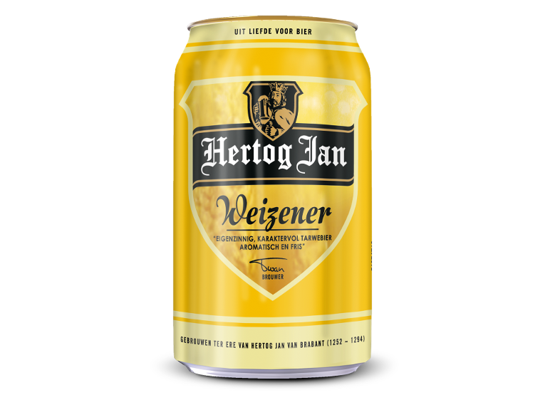 Een blik tarwebier in een geel design met het opschrift Weizener.