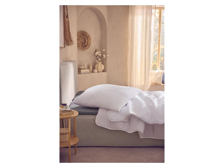 LIVARNO® dekbed en kussen op een bed in een lichte slaapkamer.