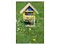 Kleurrijk houten insectenhotel in gras met madeliefjes en paardenbloemen.