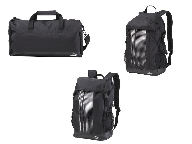 Zwarte CRIVIT sporttas en twee rugzakken met stippenpatroon.