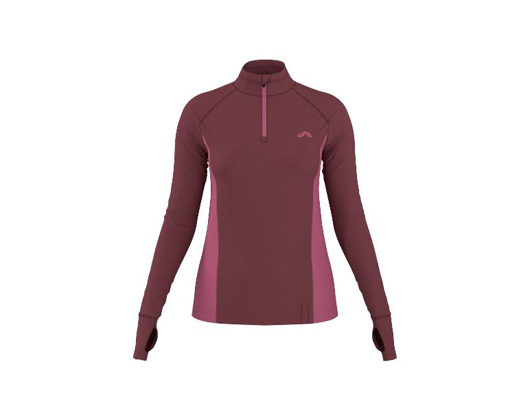 Bordeauxrode sporttop met lange mouwen en rits voor dames.