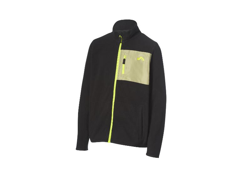 Zwart fleecejack met neongroene rits en beige borstzak.